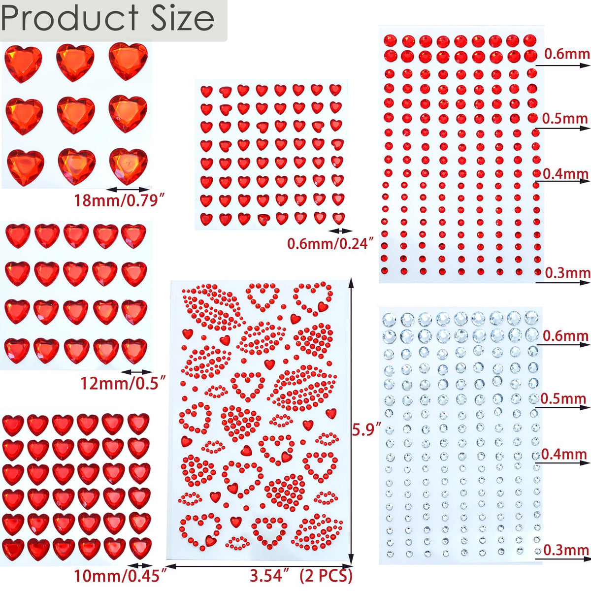 Red Heart Kiss Face Gems Self-Adhesive Rhinestone Red Lip Hair Gems Valentine's Day Face Jewels Stickers On for Rave Accessories Makeup Concerts