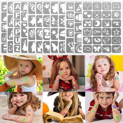 Yazhiji 183PCS Temporary Tattoo Stencils, Paint Stencils Kit on Face and Body, Girl Boy Glitter Tattoos Stencils Pack for Kids School Show Birthdays Halloween Christmas Party Favor Supplies