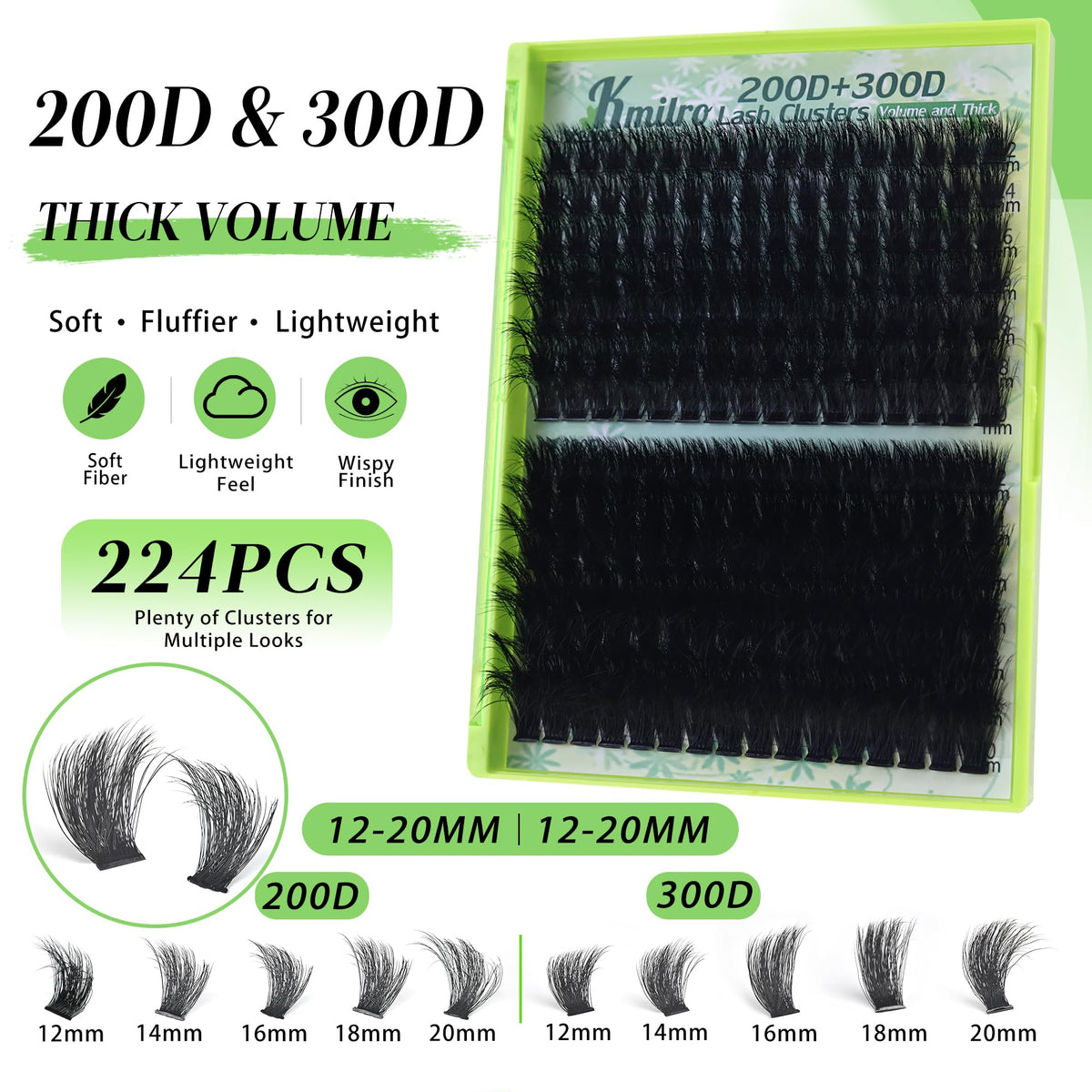 Kmilro Lash Clusters 200D+300D Eyelash Clusters 12-20mm Thick Volume Lash Extensions Wispy Individual Cluster Lashes DIY Eyelash Extensions Dramatic Full Look Salon Style False Eyelashes