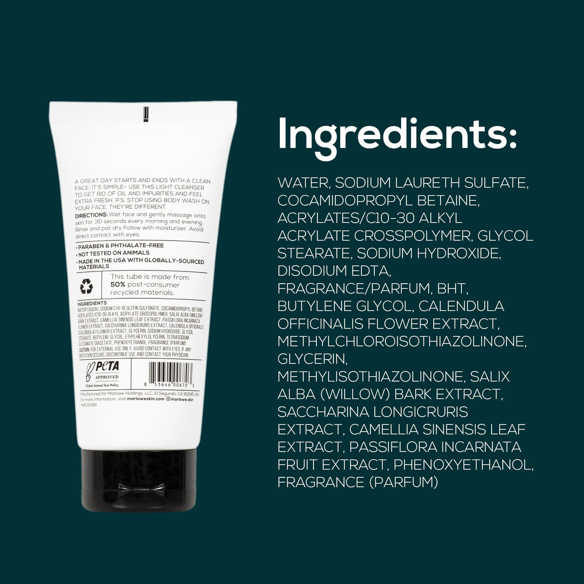 MARLOWE. Facial Cleanser, Daily Face Wash, Removes Dirt + Oil, 6 oz