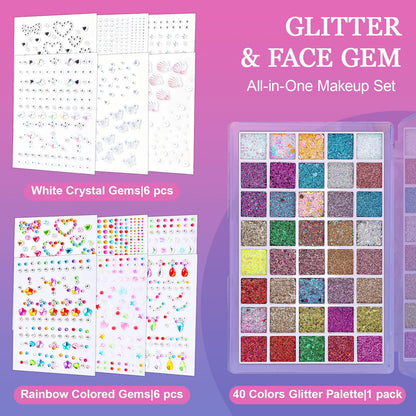 Face Glitter Face Gems, 40 Colors Glitter Makeup with 12 Sheets Face Jewels