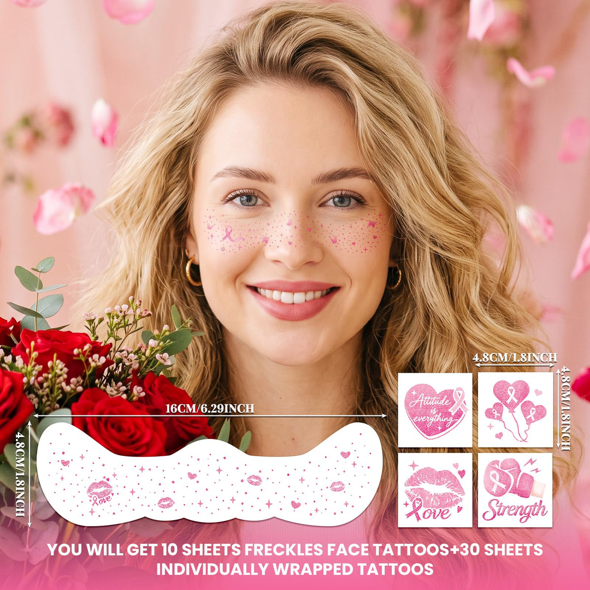 Breast Cancer Awareness Accessories, Pink Out Glitter Freckles Face Tattoo