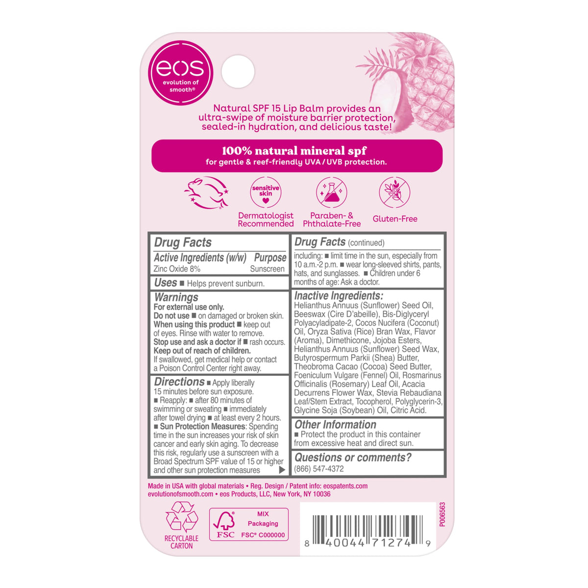 eos Natural SPF 15 Lip Balm- Pineapple Coconut, Water Resistant Daily Sun Protection & Lip Sunblock, 0.14 oz