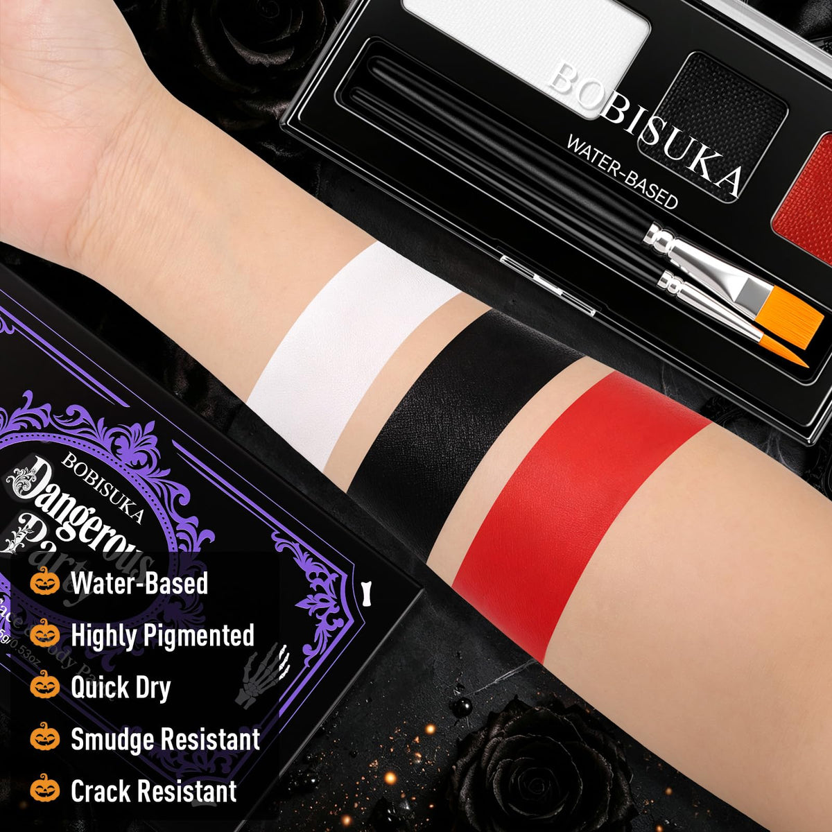 BOBISUKA 3-Color Clown Face Body Paint Water Activated, Black White & Red