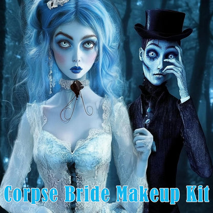 Paminify 4 Pcs Sally Makeup Kit,Corpse Bride SFX Halloween Baby Blue ,Water Activated Face Paint Makeup Kit,Sally Face Costume Women Cosplay,Light Blue Body Paint+Eyeliner+Lipstick+Sponge