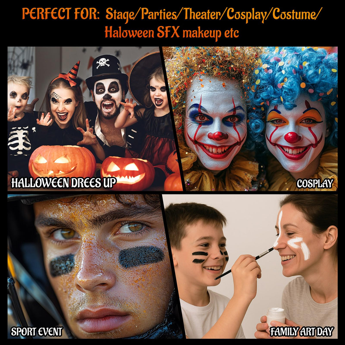 Black White Metallic Brown Face Body Paint with Applicator, Oil Based Face Painting kit for Halloween Leopard, Tiger, Cheetah, Cat Makeup, Cosplay, Costume, Theme Parties, Dress Up