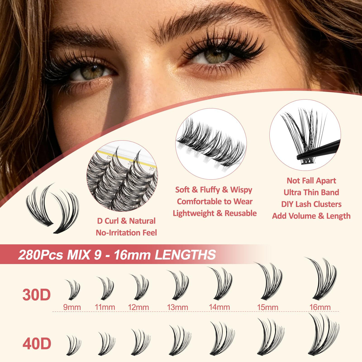 LAVONE Lash Clusters Kit, 280Pcs Waterproof D Curl 9-16mm Individua Lashes
