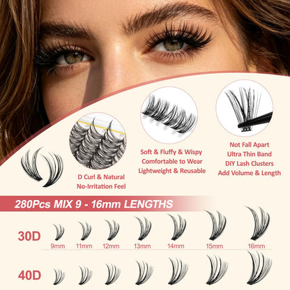 LAVONE Lash Clusters Kit, 280Pcs Waterproof D Curl 9-16mm Individua Lashes
