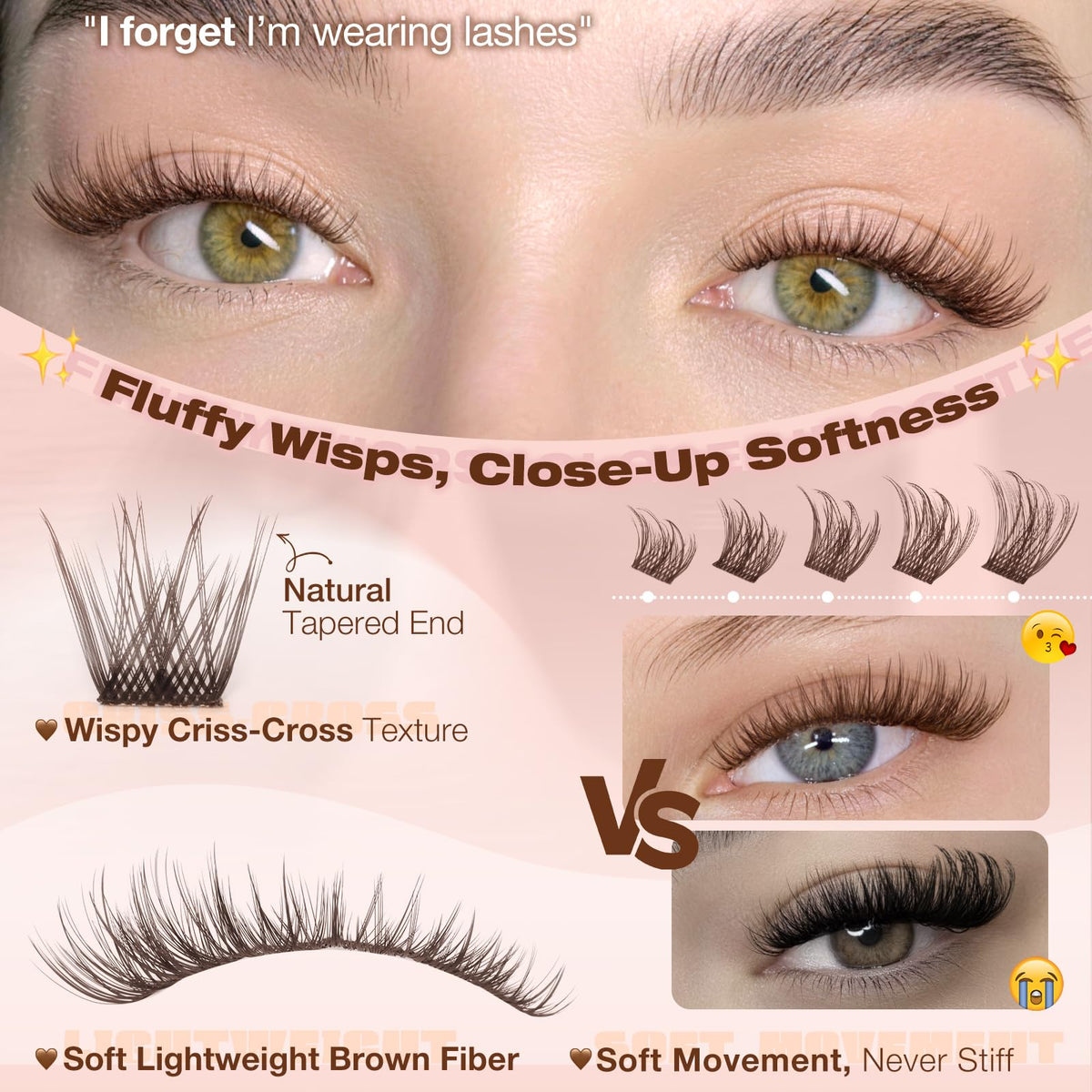 Yawamica Wispy Brown Lash Clusters Fluffy Brown Eyelash Clusters 9-16mm