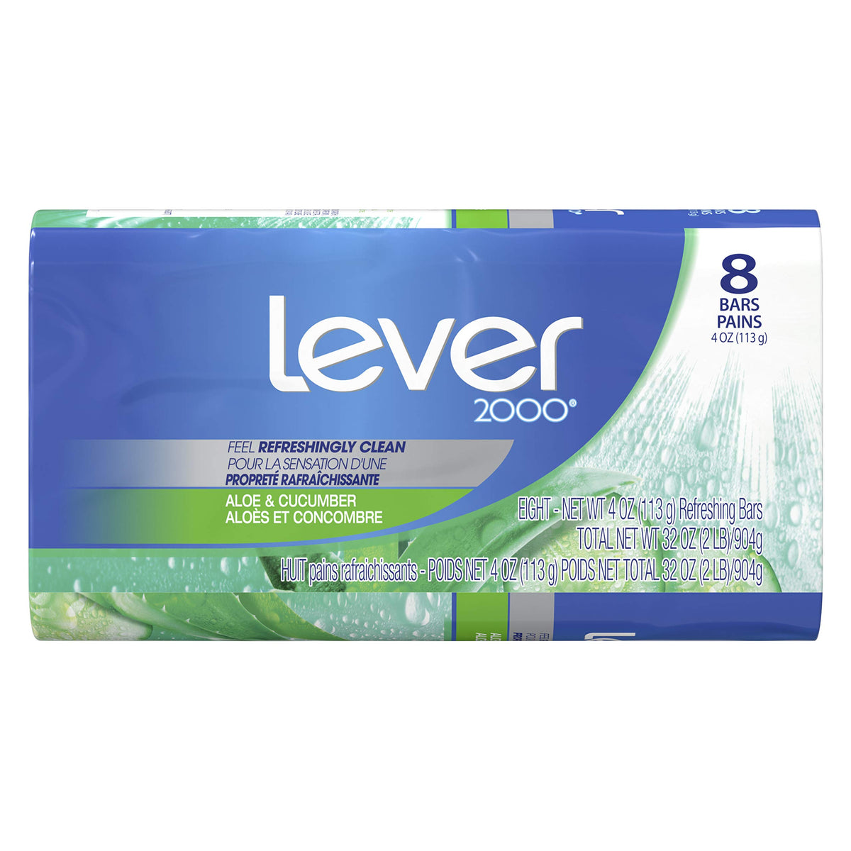 Lever 2000 Refreshing Body Soap and Facial Cleanser Aloe & Cucumber Effectively Washes Away Bacteria 4 oz 8 Bars