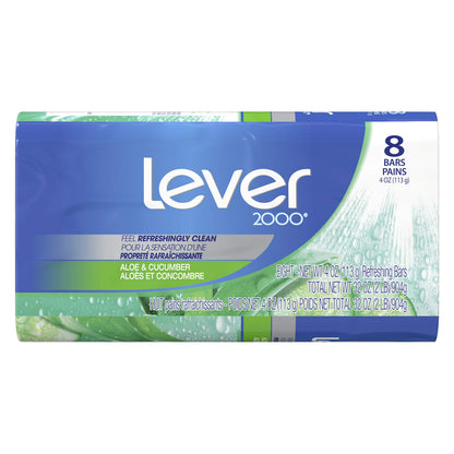 Lever 2000 Refreshing Body Soap and Facial Cleanser Aloe & Cucumber Effectively Washes Away Bacteria 4 oz 8 Bars