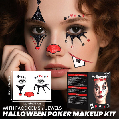 Halloween Clown Face Makeup Temporary Tattoos+Black Red Faces Gems