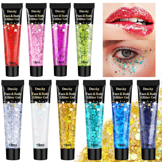 10 Colors Body Glitter,Face Glitter Makeup for Kids Women,Sparkly Chunky Hair Glitter for Eye Lip Hair Nails,Mardi Gras Glitter Makeup Face Paint,Singer Concerts Disco Rave Festival Accessories