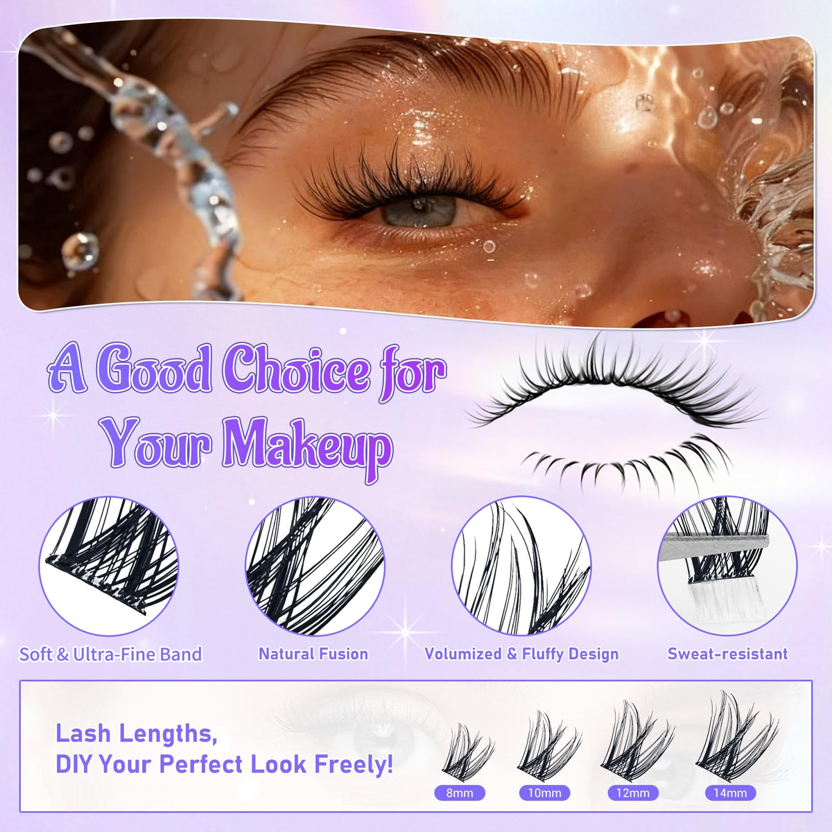 Self Adhesive Eyelashes, Individual Lashes Clusters for Fluffy Lash Clusters Kit, Pre Lash Glue Wispy Cluster Eyelash Extensions Kit Easy to Apply 120 PCs 8mm 10mm 12mm 14mm