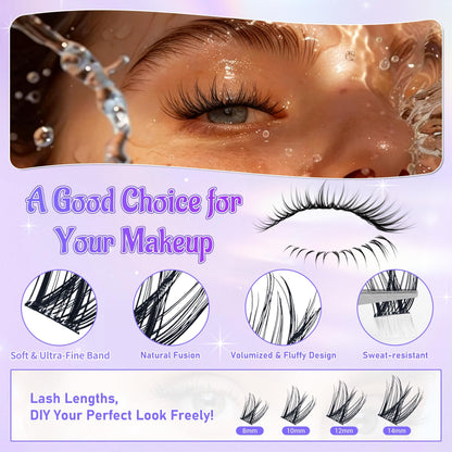 Self Adhesive Eyelashes, Individual Lashes Clusters for Fluffy Lash Clusters Kit, Pre Lash Glue Wispy Cluster Eyelash Extensions Kit Easy to Apply 120 PCs 8mm 10mm 12mm 14mm