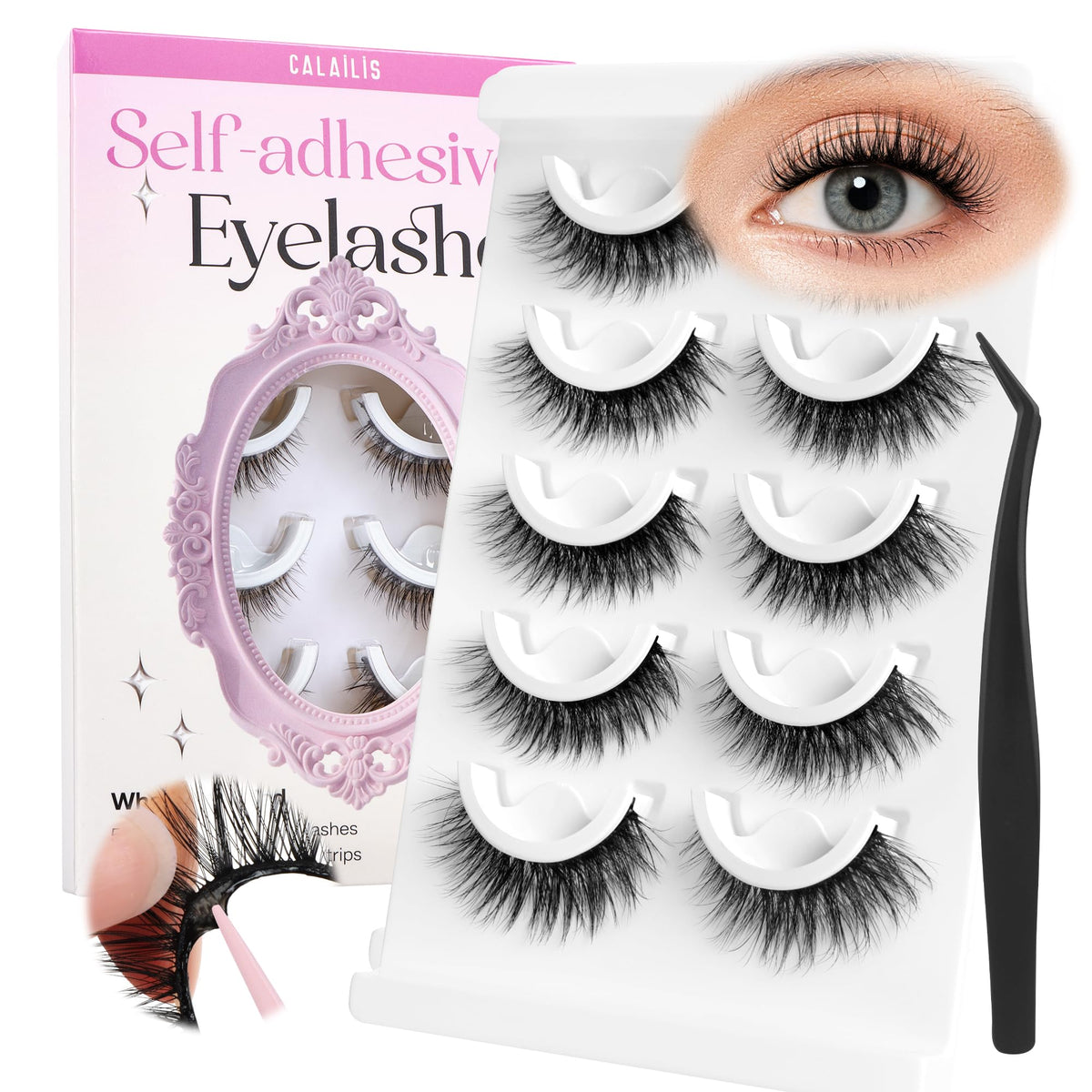 CALAILIS Self Adhesive Eyelashes Natural Look Wispy Press On Lashes No Glue Need Eyelashes 5 Pairs Reusable Cat Eye Self-adhesive False Lashes (C122)