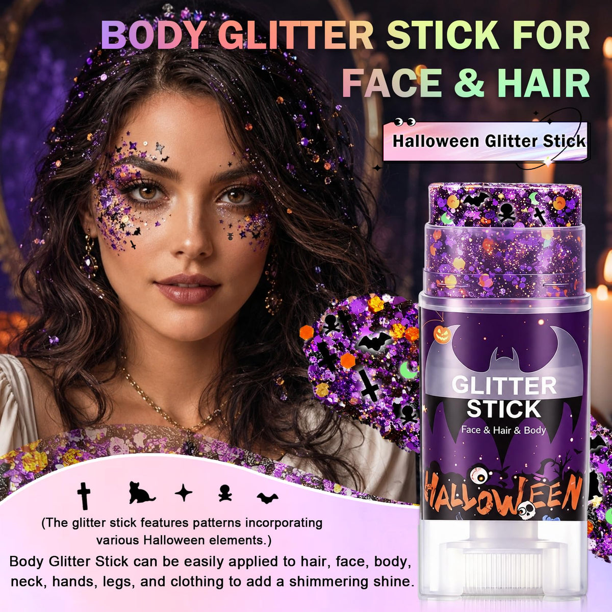 IONSGAKO Halloween Body Glitter Stick,Black Orange Purple Hair Face Glitter