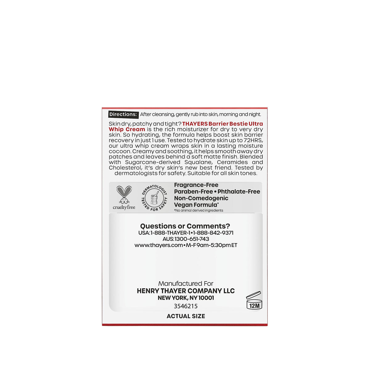 THAYERS Barrier Bestie Ultra Whip Face Cream, Moisturizer with Sugarcane Squalane and Ceramides, Skin Care for Dry to Very Dry Skin, 2.0 Oz