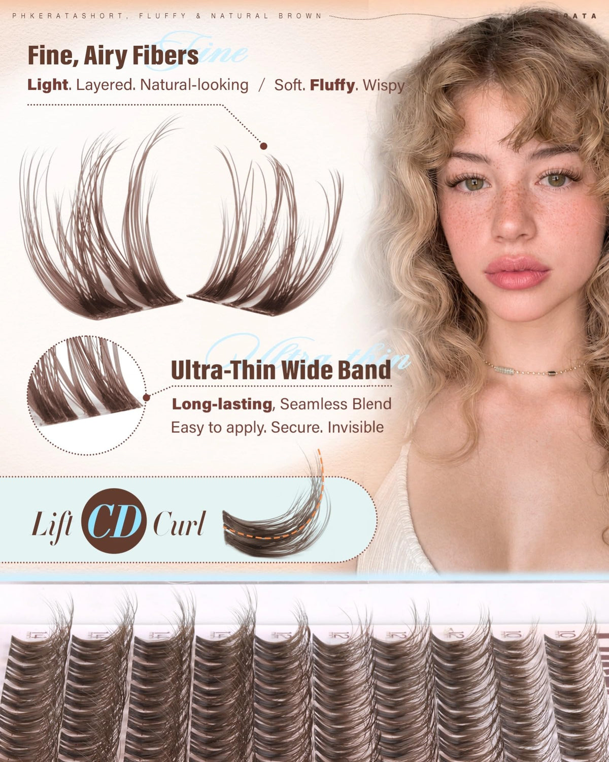 PHKERATA Short Brown Lash Clusters 10-14mm Wispy Eyelash Clusters Fluffy