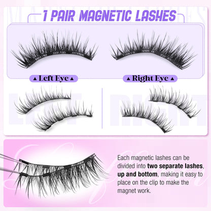 Lanflower Magnetic Eyelashes Natural Look, Reusable Magnetic Eyelashes with Applicator, No Need Glue Magnetic Lashes, Natural Wispy Cat Eye False Eyelashes with Magnets, Waterproof, Easy to Apply