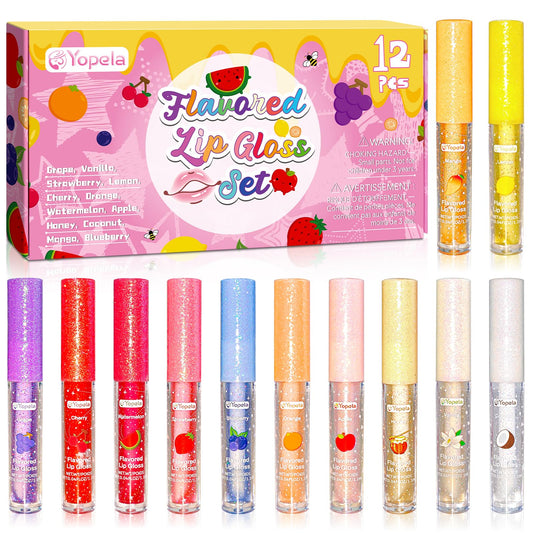Yopela 12pcs Lip Gloss Bulk With Vitamin E and Natural Oils, Long Lasting Moisturizing Plumping Glitter Lip Gloss Set for Girls Teens & Women, Birthday Party Favors Gifts - 12 Fruity Flavored