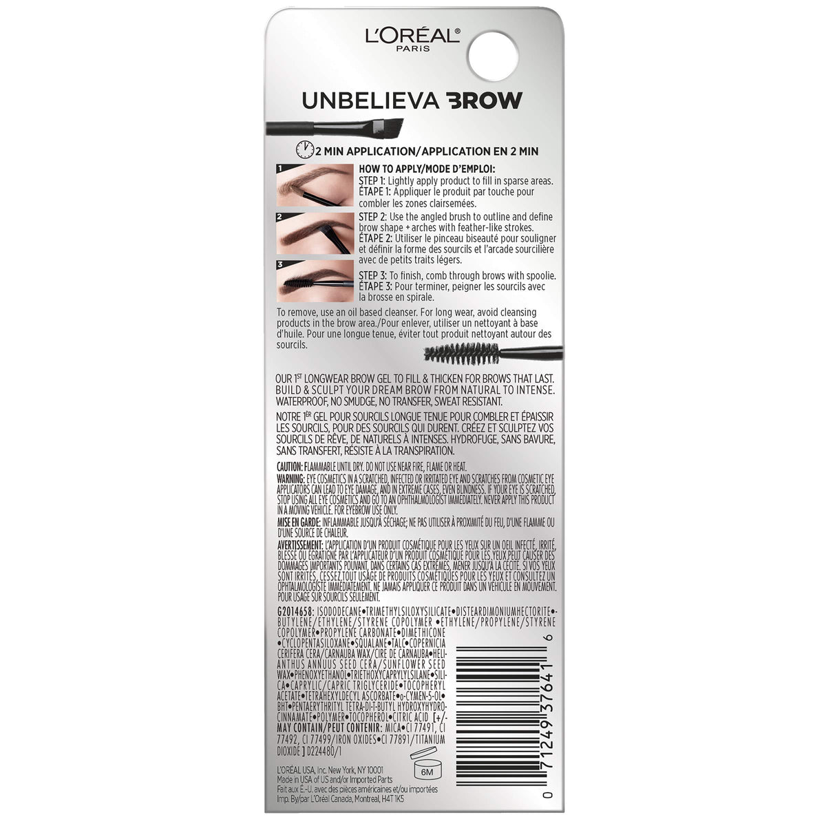 L'Oreal Paris Unbelieva-Brow Longwear Waterproof Tinted Brow Gel, Smudge-resistant, Transfer- Proof, Quick Drying, Easy and quick application with precise brush, Dark Brunette, 0.15 fl. oz.
