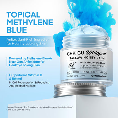 HealthyDerm Copper Peptides GHK-Cu Beef Tallow for Skin: Blue Balm with Methylene Blue, Manuka Honey & Vitamin E – Natural Face and Body Moisturizer for Mature, Dry & Sensitive Skin – 2oz