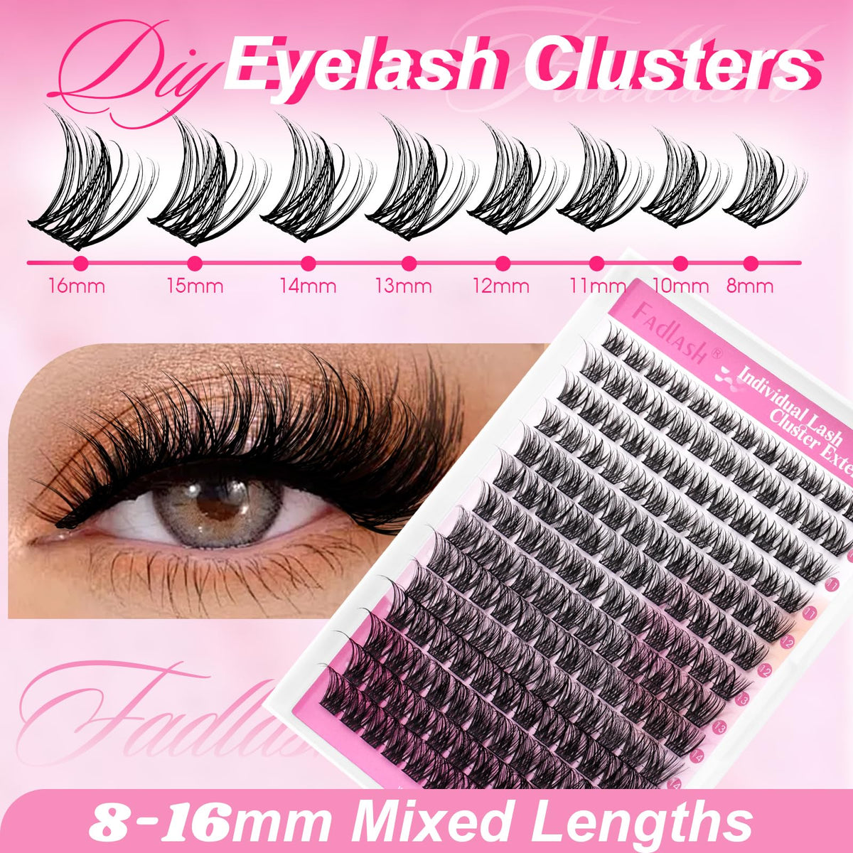 FADLASH Lash Clusters Wispy Eyelash Clusters D Curl Individual Natural Cluster Eyelash Extensions 168Pcs Eyelash Extensions 8-16mm Black Thin Band Soft and Reusable (GS49)