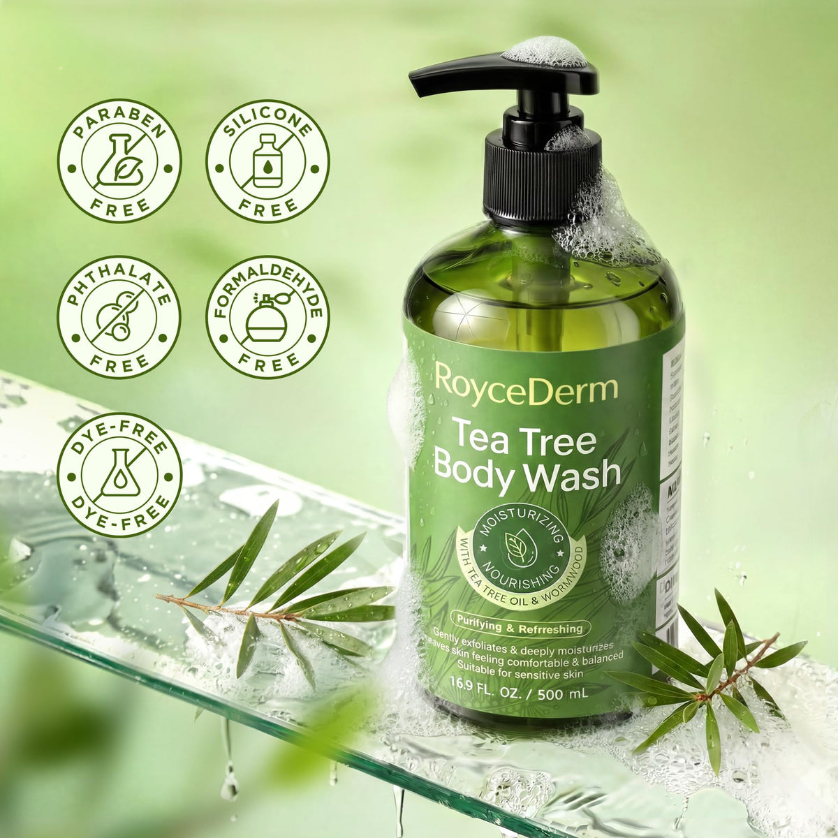 Roycederm Tea Tree Body Wash & Soap, Purifying and Refreshing Body Cleanser with Tea Tree Oil & Wormwood, Moisturizing Body Wash Helps Soothe Skin, Suitable for Men and Women, 16.9 Fl Oz