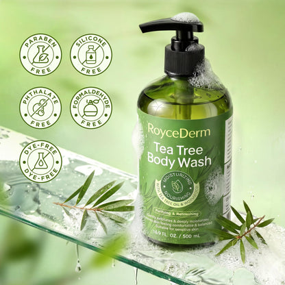 Roycederm Tea Tree Body Wash & Soap, Purifying and Refreshing Body Cleanser with Tea Tree Oil & Wormwood, Moisturizing Body Wash Helps Soothe Skin, Suitable for Men and Women, 16.9 Fl Oz