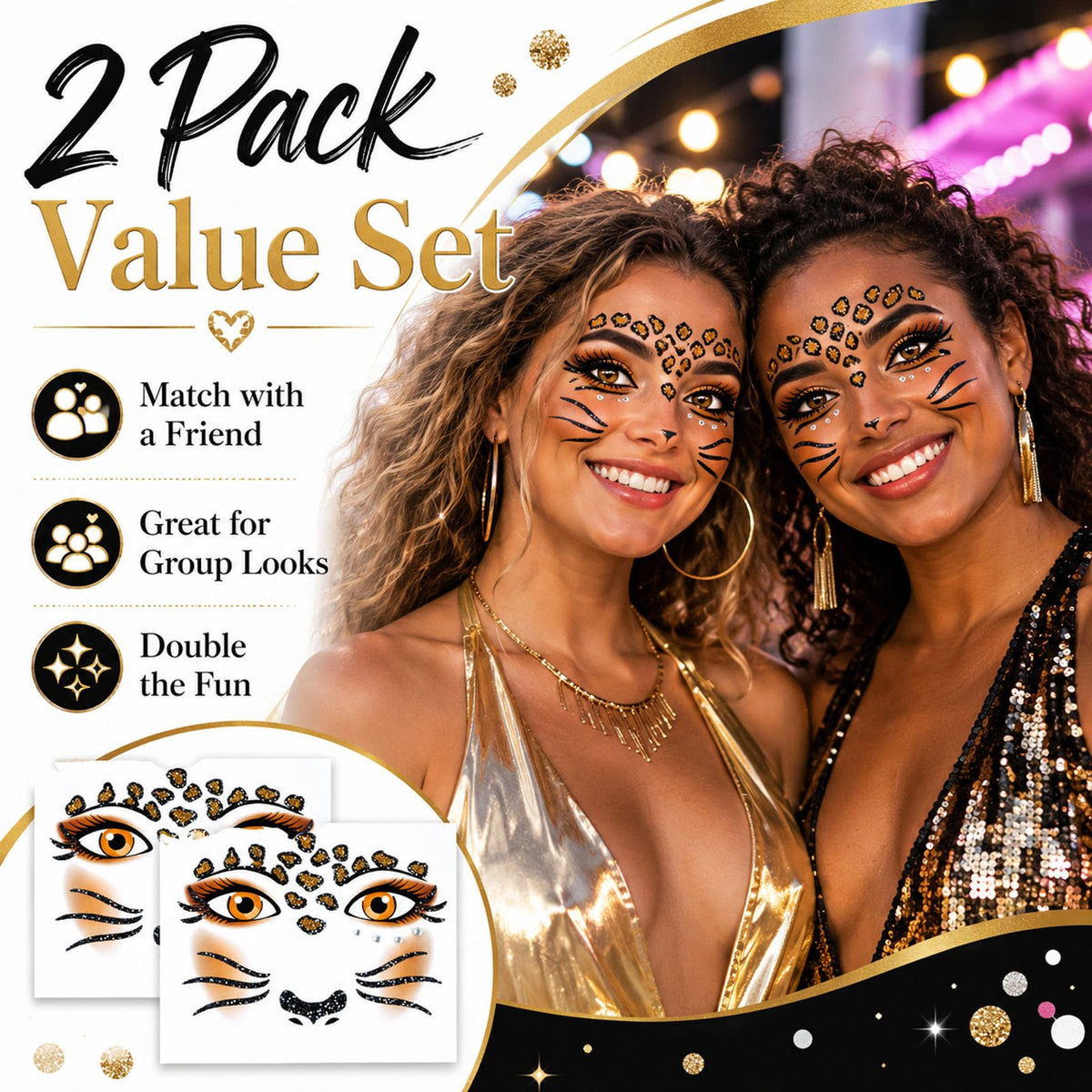 Leopard Face Tattoo Stickers with Glitter Face Jewels, 2Pcs Cute Leopard Self-adhesive Temporary Tattoo for Adult Kids Animal Makeup, Halloween, Cosplay Party Decoration Supplies