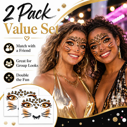 Leopard Face Tattoo Stickers with Glitter Face Jewels, 2Pcs Cute Leopard Self-adhesive Temporary Tattoo for Adult Kids Animal Makeup, Halloween, Cosplay Party Decoration Supplies