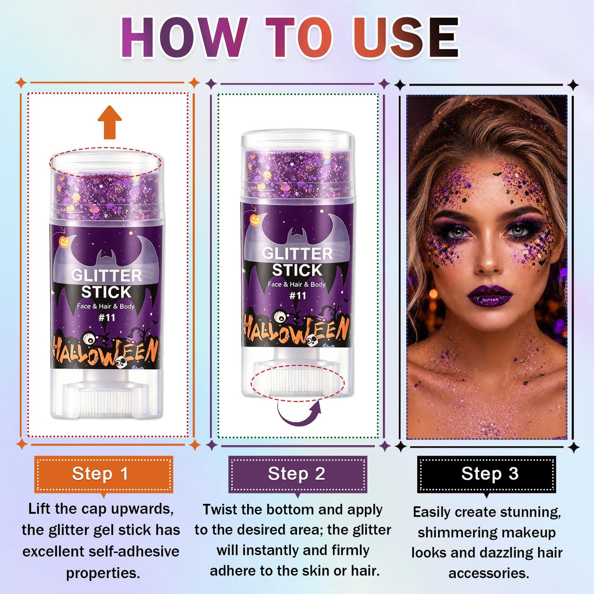 IONSGAKO Halloween Body Glitter Stick,Black Orange Purple Hair Face Glitter