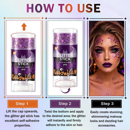 IONSGAKO Halloween Body Glitter Stick,Black Orange Purple Hair Face Glitter