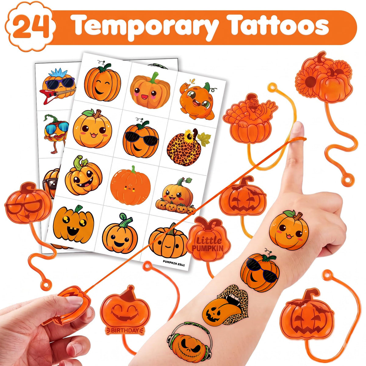 48 PCS Pumpkin Party Favors - 24 Temporary Tattoos & 24 Stick Hands