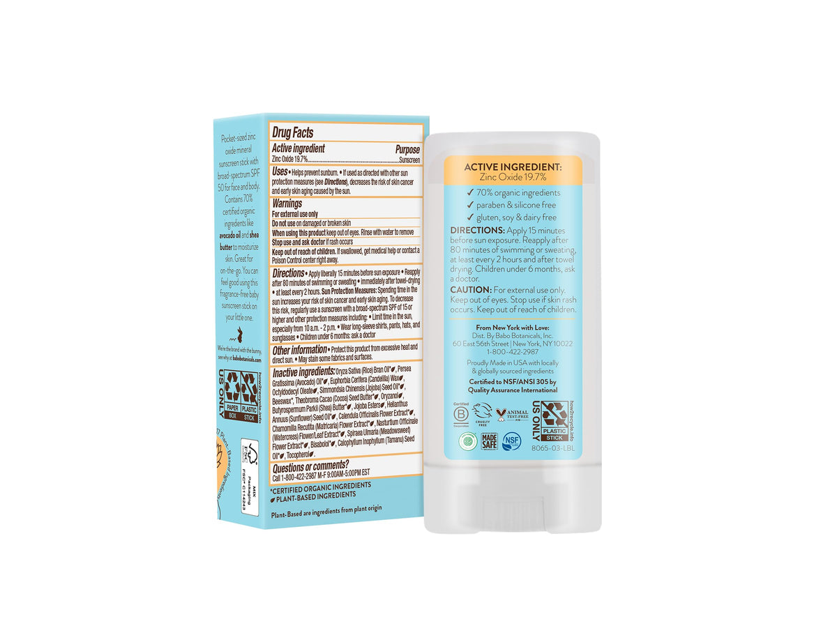 Babo Botanicals Sensitive Baby Mineral Sunscreen Stick SPF 50 - 70% Organic Ingredients - Zinc Oxide - NSF & MADE SAFE and EWG Certified - Water Resistant - Fragrance-Free - Babies & Kids