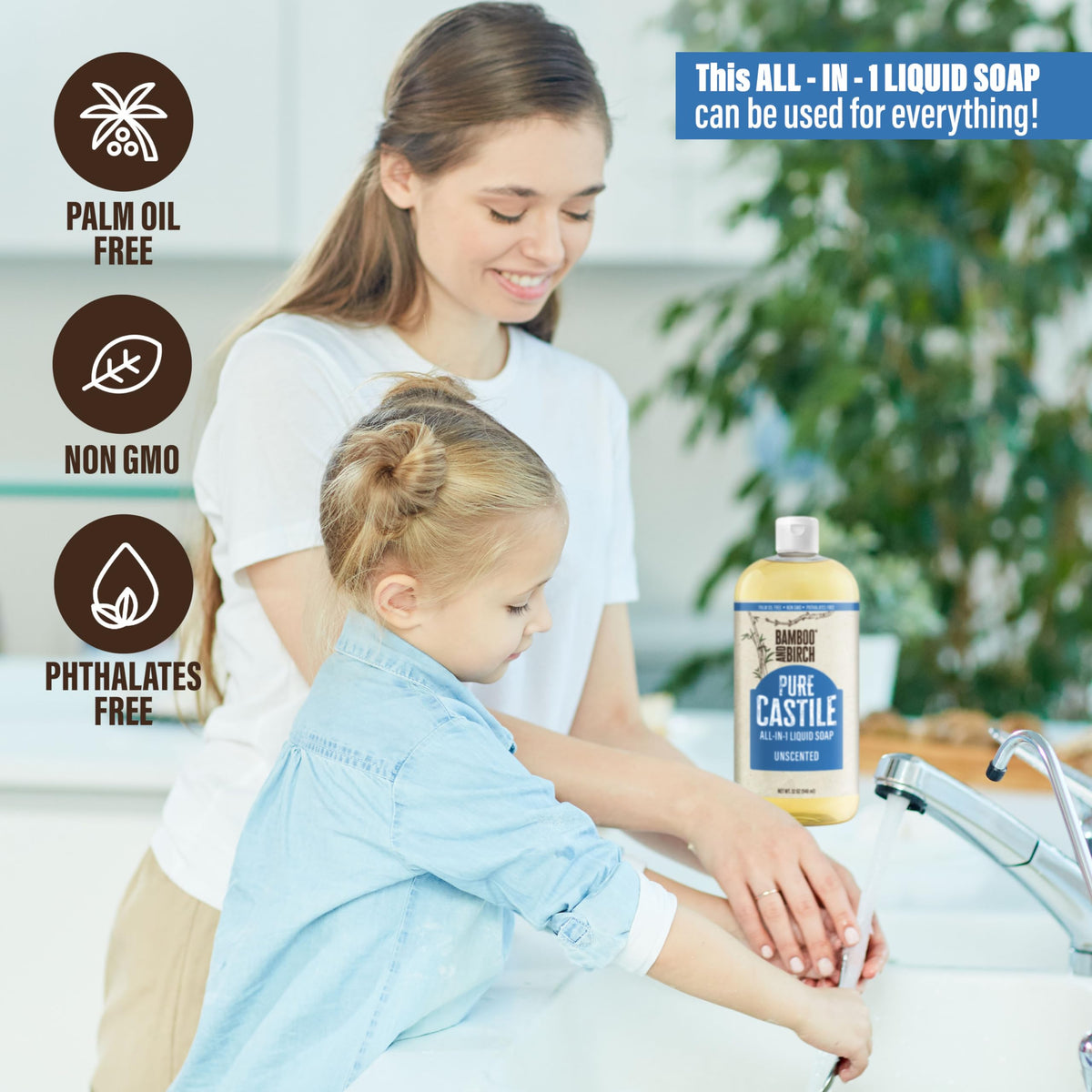 BAMBOO AND BIRCH Pure Castile Soap Liquid, Unscented, 32 oz