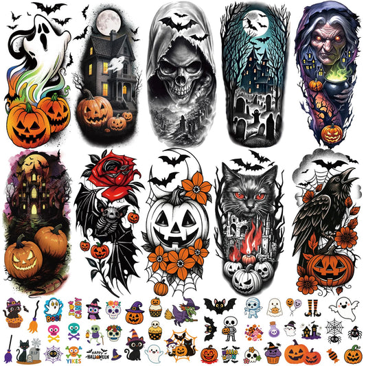 77 PCS Halloween Temporary Tattoos Adult Kids, 17 PCS Half Sleeve Pumpkin Bat Crow Witch Skull Fake Tattoos, 60 PCS Spider Cat Ghost Scar Tiny Realistic Face Body Tattoos Stickers