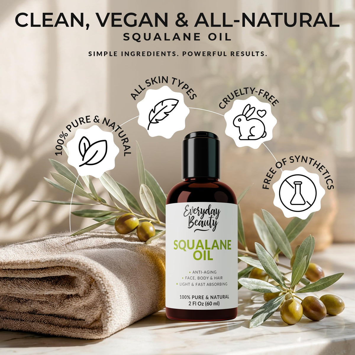 Squalane Oil - 100% Pure & Natural Plant Derived Facial Oil 2 Fl Oz - Cold Pressed and Unrefined Premium Grade Multipurpose Moisturizing Oil for Skin and Hair