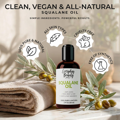 Squalane Oil - 100% Pure & Natural Plant Derived Facial Oil 2 Fl Oz - Cold Pressed and Unrefined Premium Grade Multipurpose Moisturizing Oil for Skin and Hair