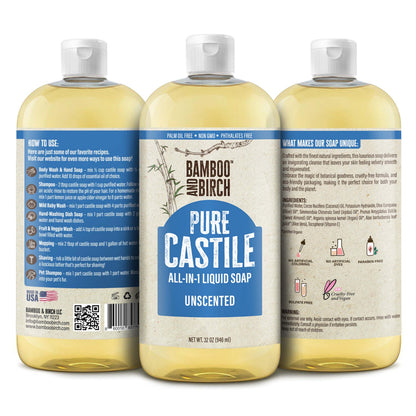 BAMBOO AND BIRCH Pure Castile Soap Liquid, Unscented, 32 oz