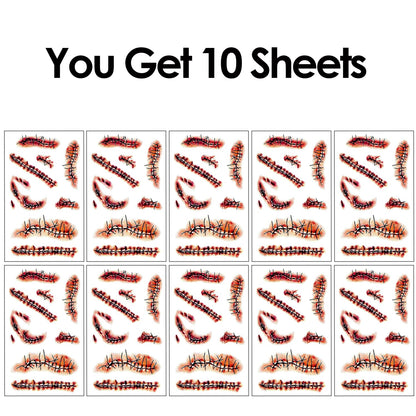 【10 Sheets】 Tattoos Stickers Scars Tattoos Chucky Costume Women Zombie Costume Women Adult Zombie Makeup Kit Fake Blood Fake Scar