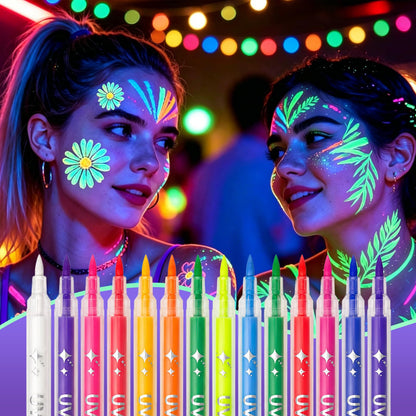 Bchunlucve 14 Colors Glow in the Dark Face & Body Paint, Neon Luminous Paint Pens Tattoo Markers, UV Black Light Face Paint for Skin, Kids, Adults, Nails, Halloween, Festival, Rave, Party Supplies