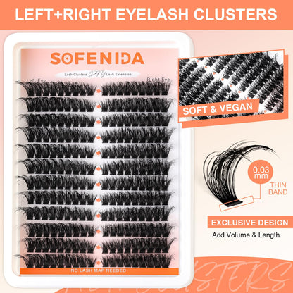 SOFENIDA Lash Clusters 80D Cluster Eyelash Extensions 8-16mm Cat Eye Wispy Eyelash Clusters 12 Pairs D Curvature Eyelash Clusters Left & Right Diy Lash Extension at Home