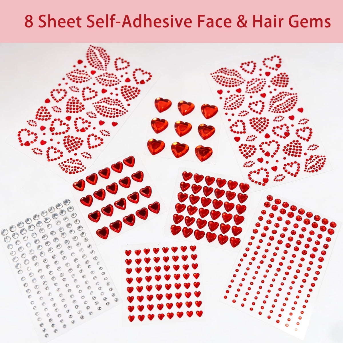 Red Heart Kiss Face Gems Self-Adhesive Rhinestone Red Lip Hair Gems Valentine's Day Face Jewels Stickers On for Rave Accessories Makeup Concerts