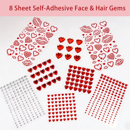 Red Heart Kiss Face Gems Self-Adhesive Rhinestone Red Lip Hair Gems Valentine's Day Face Jewels Stickers On for Rave Accessories Makeup Concerts