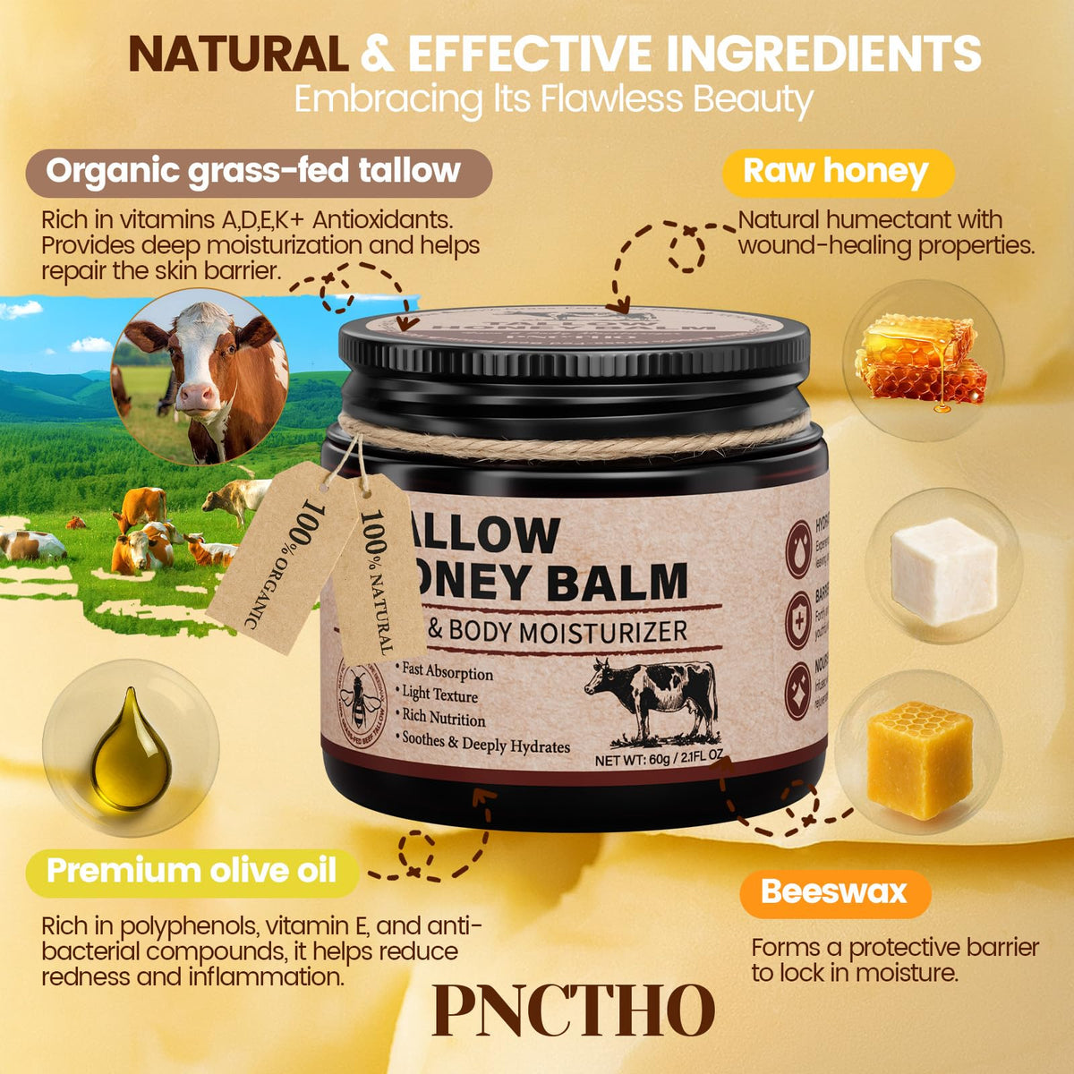 Pnctho Beef Tallow for Skin, Tallow and Honey Balm with 100% Grass-Fed Beef Tallow & Raw Wild Honey, Natural Face & Body Moisturizer for Deep Hydration, Barrier Repair, Soothing Relief 2.1 OZ