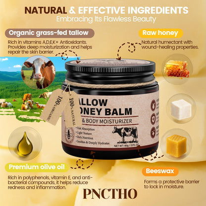 Pnctho Beef Tallow for Skin, Tallow and Honey Balm with 100% Grass-Fed Beef Tallow & Raw Wild Honey, Natural Face & Body Moisturizer for Deep Hydration, Barrier Repair, Soothing Relief 2.1 OZ