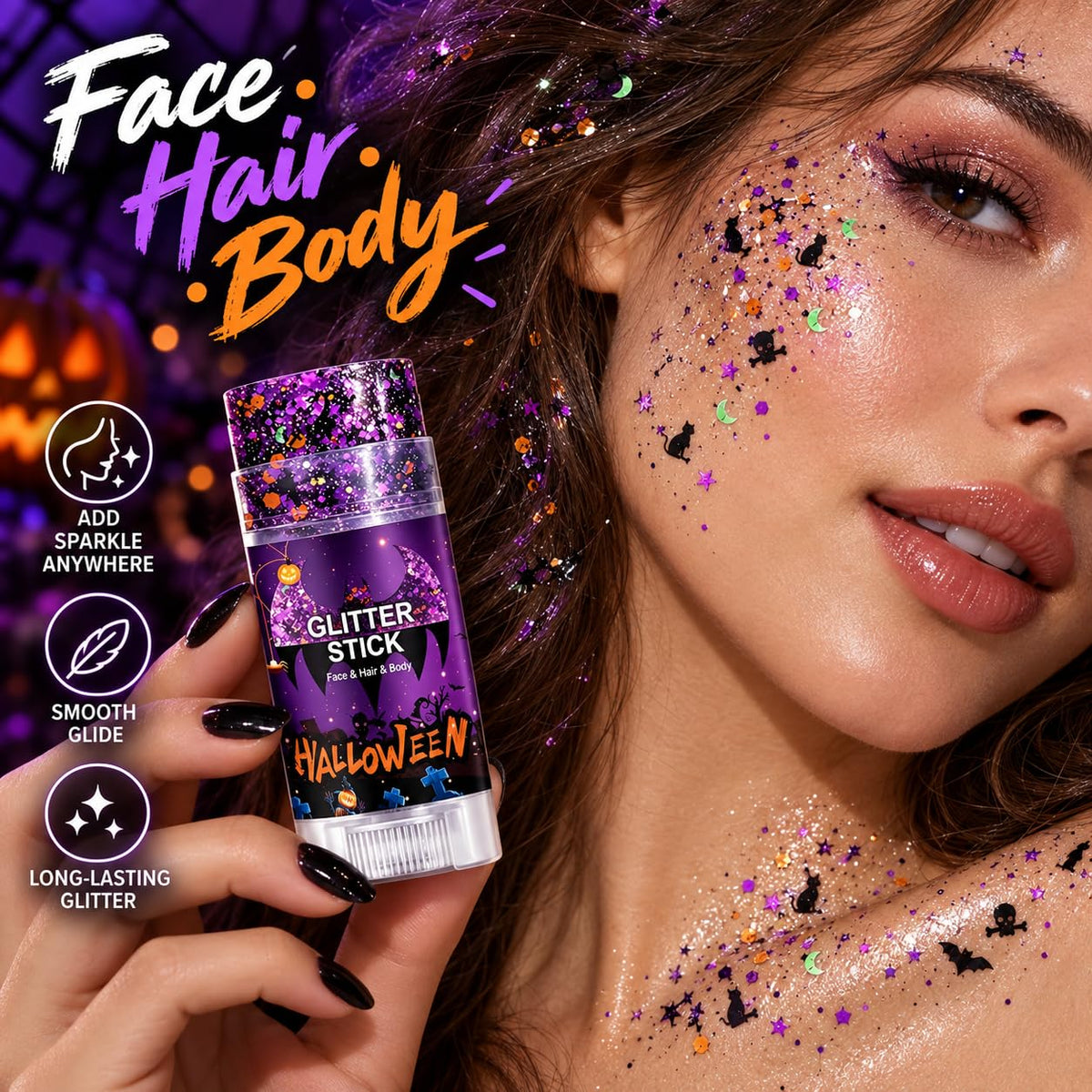 Halloween Face Body and Hair Glitter Stick, Black Purple Body Glitter Gel