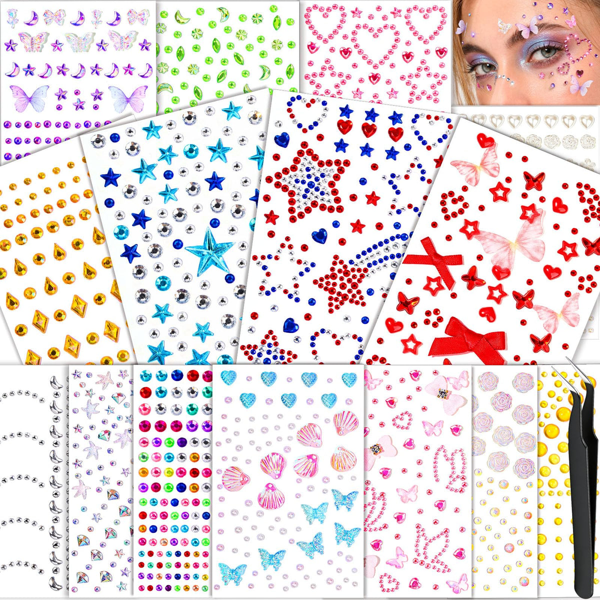 FANDAMEI Face Gem Stickers, 15 Sheets Self Adhesive Face Gems, Bedazzling Rhinestone Stickers for Face Body Hair Nail Art, Multi-Style Sticker Gems Jewel Stickers for Kids Women Halloween Make Up